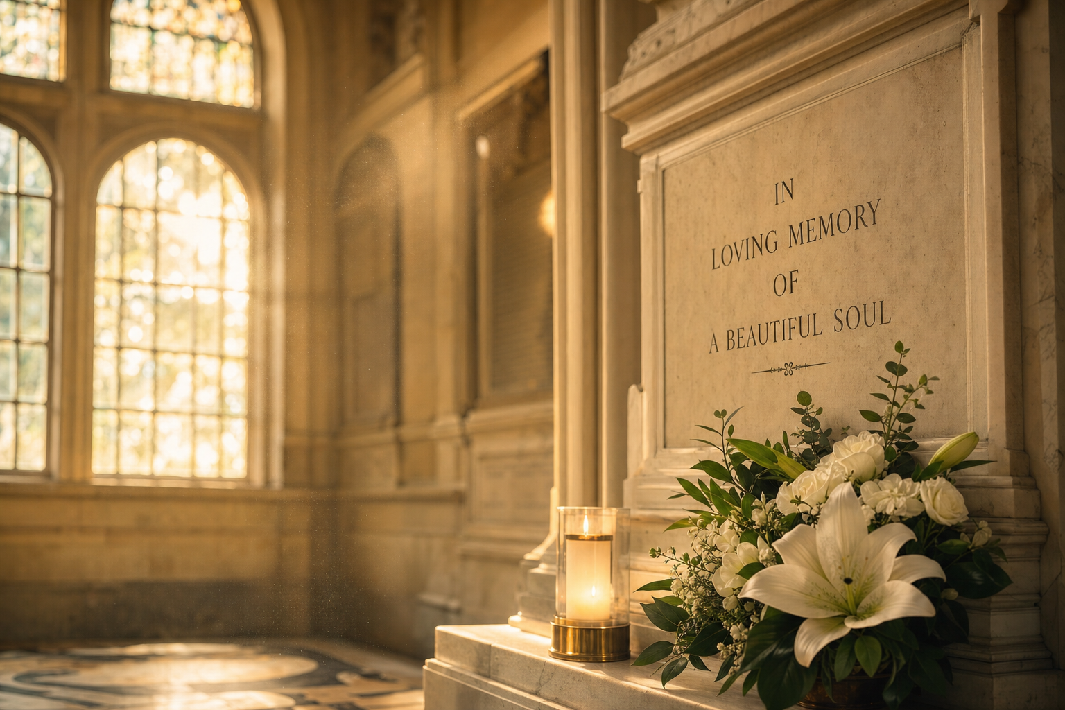 Memorial plaque inscribed 'In Loving Memory of a Beautiful Soul' with white flowers
