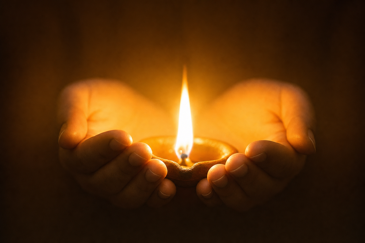 Hands gently cradling a warm flame, symbolizing care and giving
