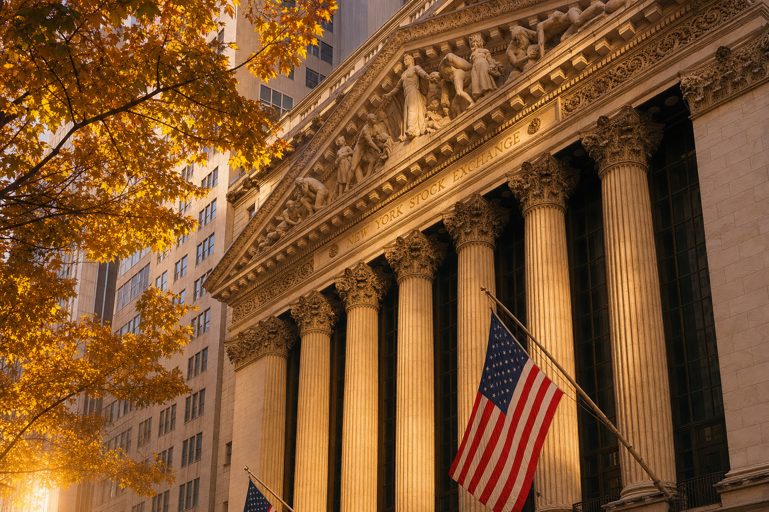The New York Stock Exchange facade at golden hour